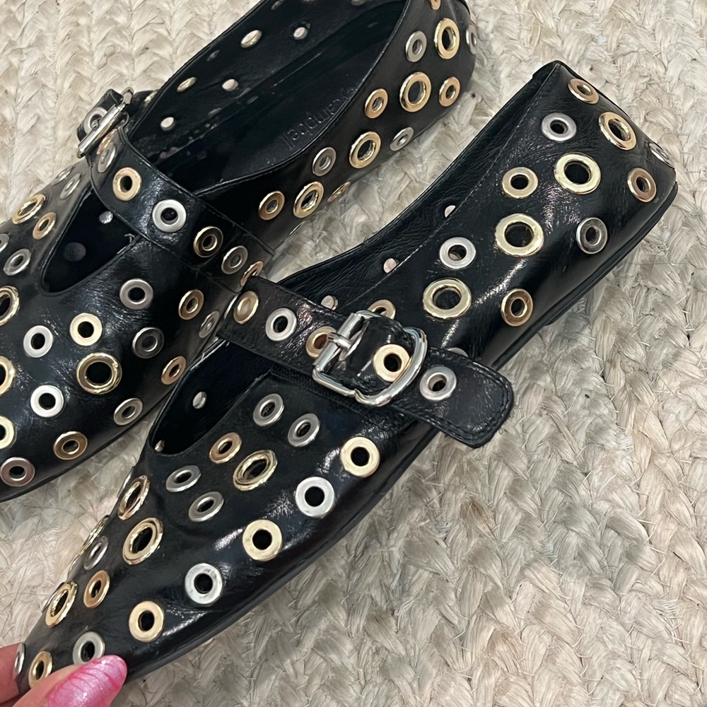 Jeffrey Campbell Black Grommet Mary Jane Flats - Leather Buckle Velcro Strap - Picture 2 of 6